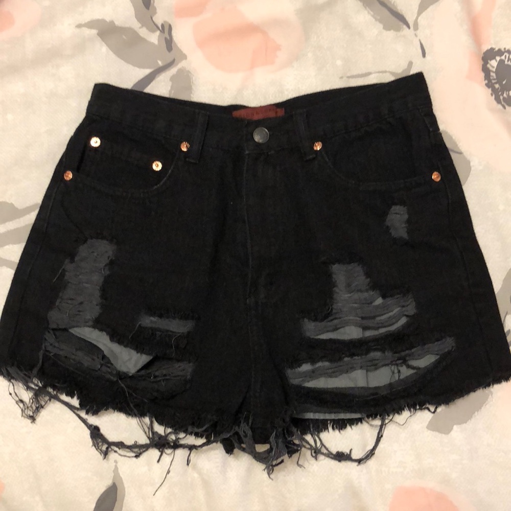High waisted black denim shorts